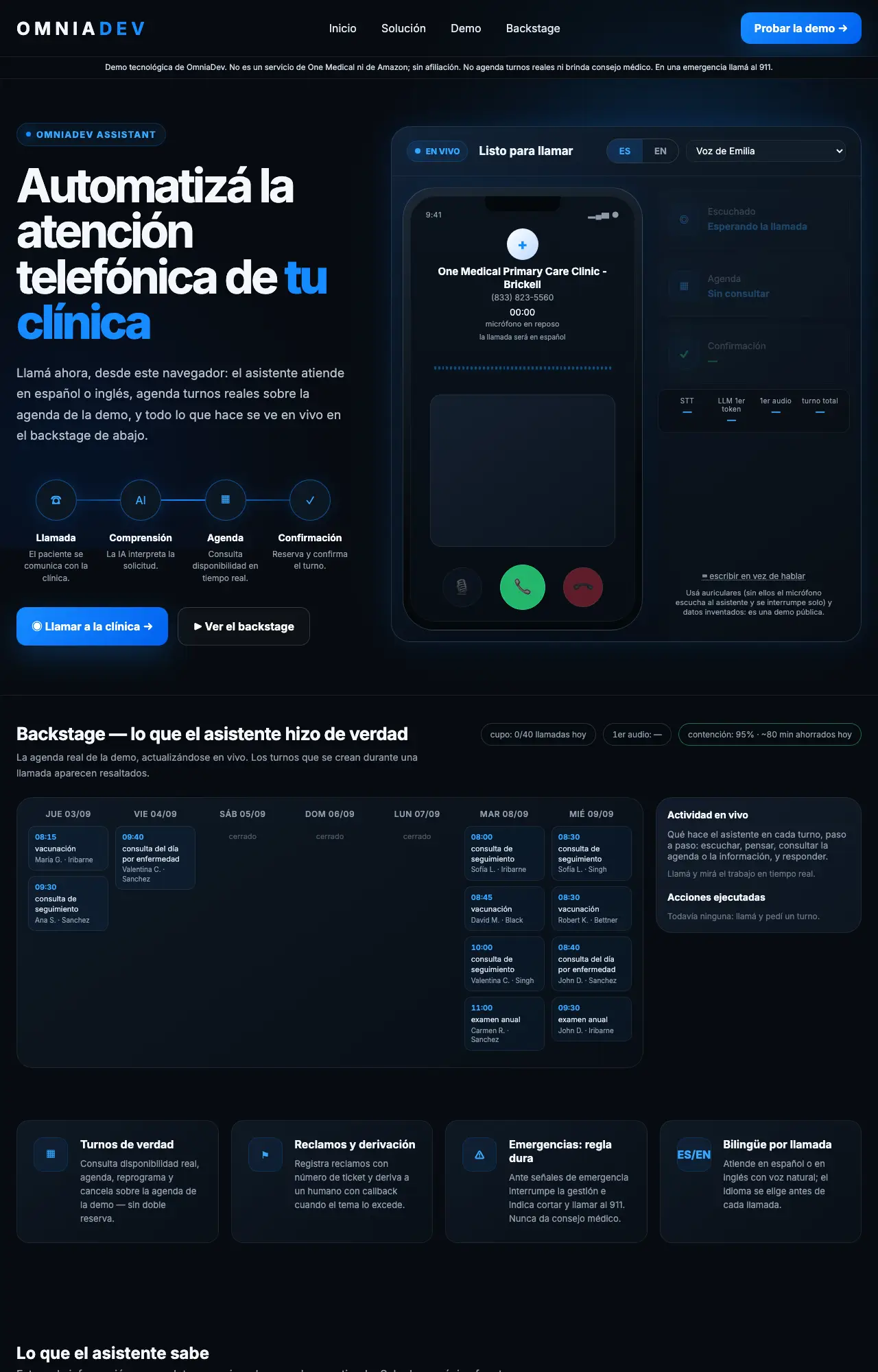 Pantalla de la demo del asistente de voz: llamada lista para iniciar y agenda de la clínica actualizándose en vivo